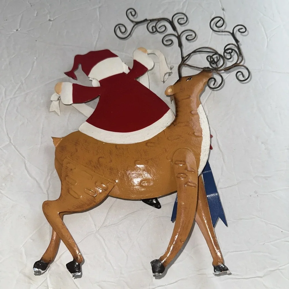 Metal Christmas Red Santa And Brown Reindeer Holiday Wall Decor 8x10‎